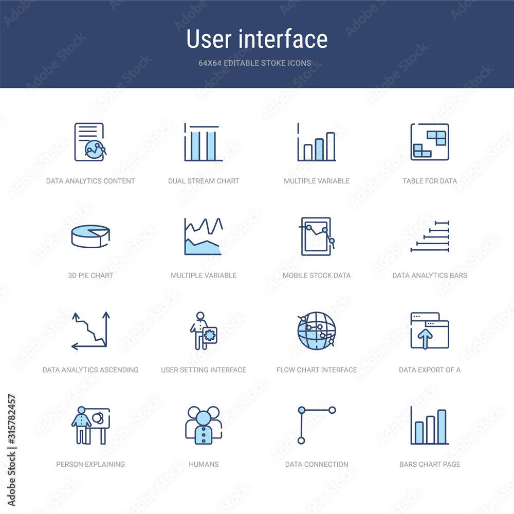 set of 16 vector stroke icons such as bars chart page, data connection, humans, person explaining data, data export of a window with an arrow, flow chart interface from user interface concept. can
