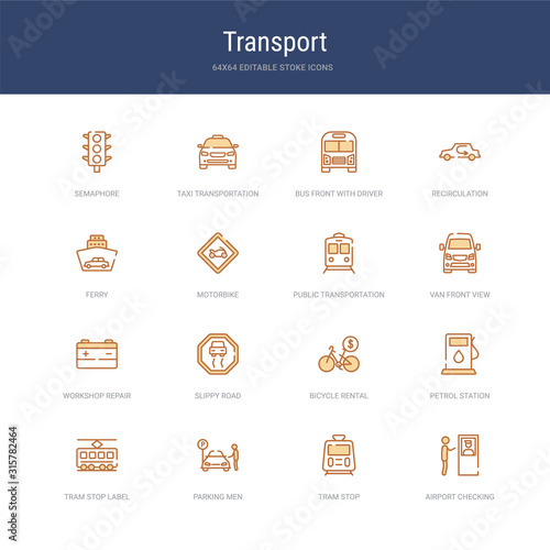set of 16 vector stroke icons such as airport checking, tram stop, parking men, tram stop label, petrol station, bicycle rental from transport concept. can be used for web, logo, ui\u002fux