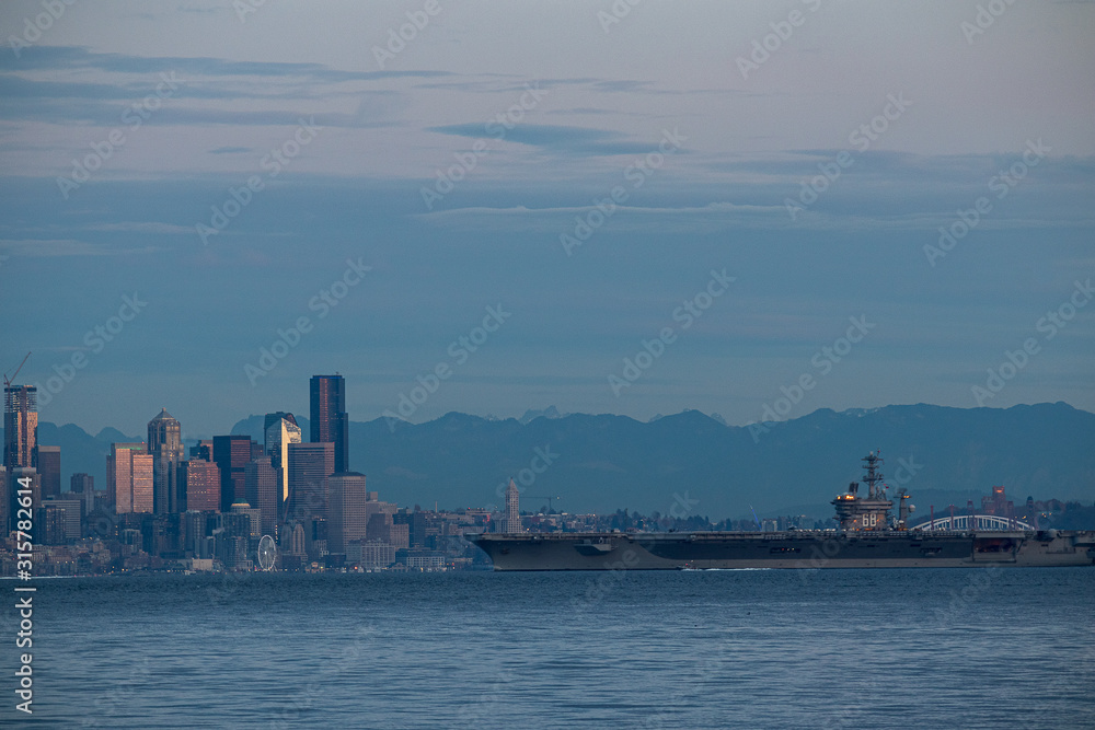 shoreline on bainbridge island with glow from the setting sun