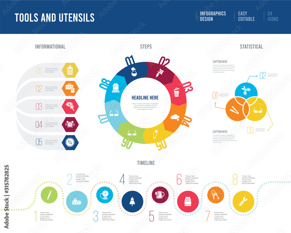 infographic design from tools and utensils concept. informational, timeline, statistical and steps presentation themes.