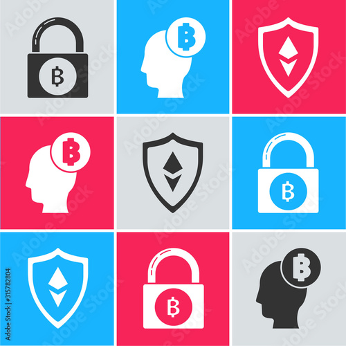 Set Lock with bitcoin, Bitcoin think and Shield Ethereum ETH icon. Vector
