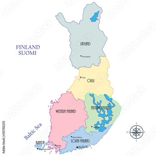 Tourist map of Finland, administrative districts and main cities, vector illustration