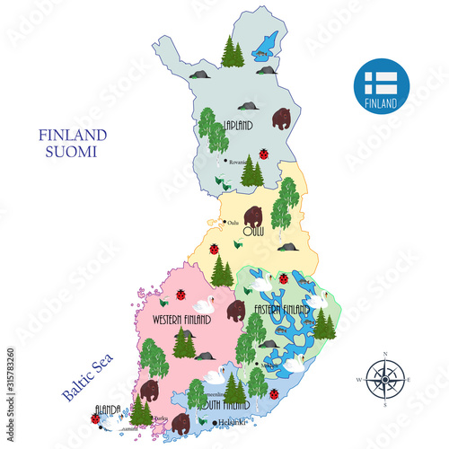 Tourist map of Finland, administrative districts and main cities, seven symbols of the country-birch, seven-point ladybug, granite, Swan, perch, Lily of the valley, bear. Vector illustration