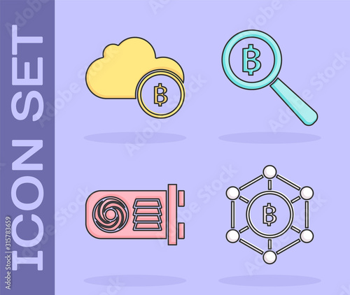 Set Blockchain technology Bitcoin, Cryptocurrency cloud mining, Mining farm and Magnifying glass with Bitcoin icon. Vector