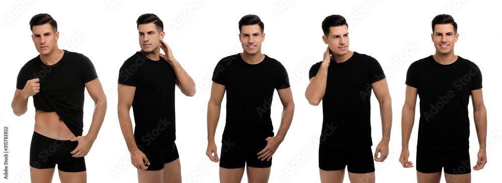 Collage of man in black underwear and t-shirt on white background - obrazy, fototapety, plakaty 