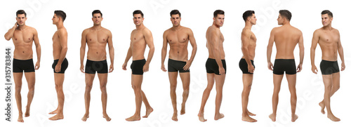 Фотография Collage of man in black underwear on white background