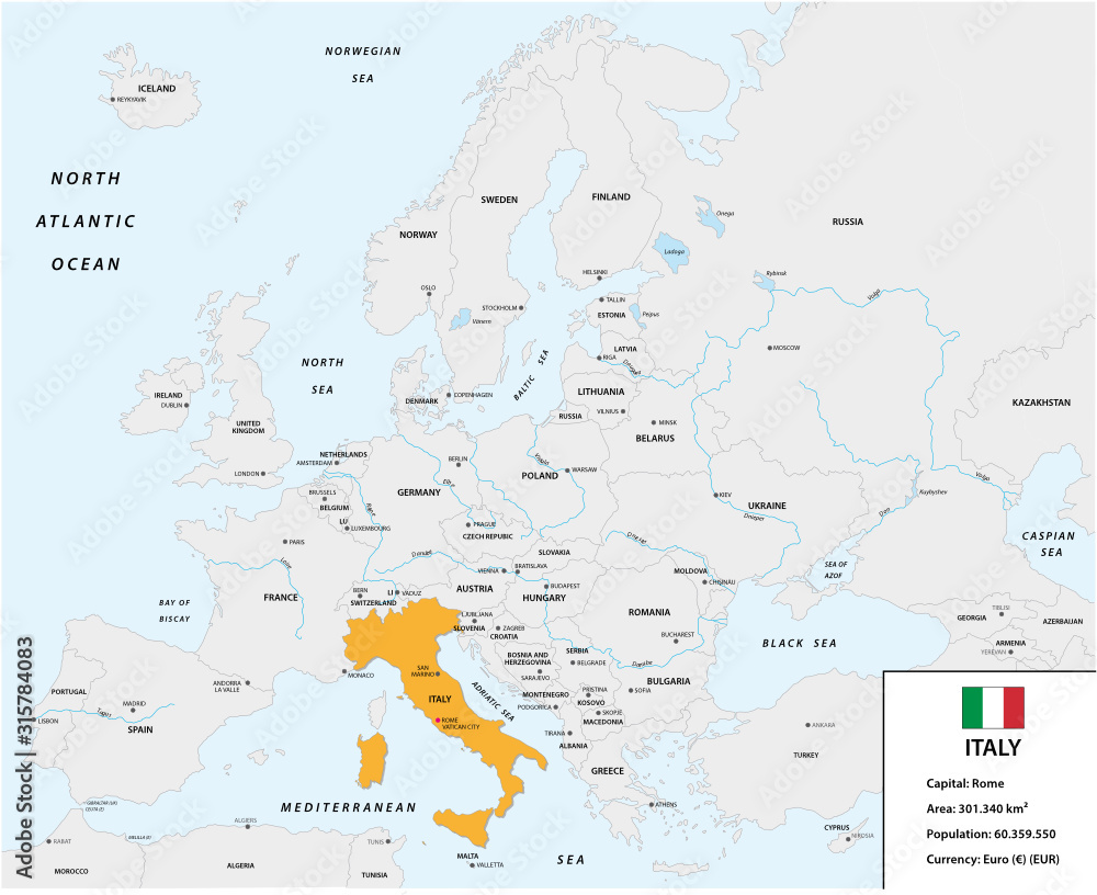 Location of Italy on the European continent with small information box and flag