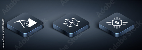 Set Isometric Cryptocurrency cloud mining, CPU mining farm and Blockchain technology icon. Vector