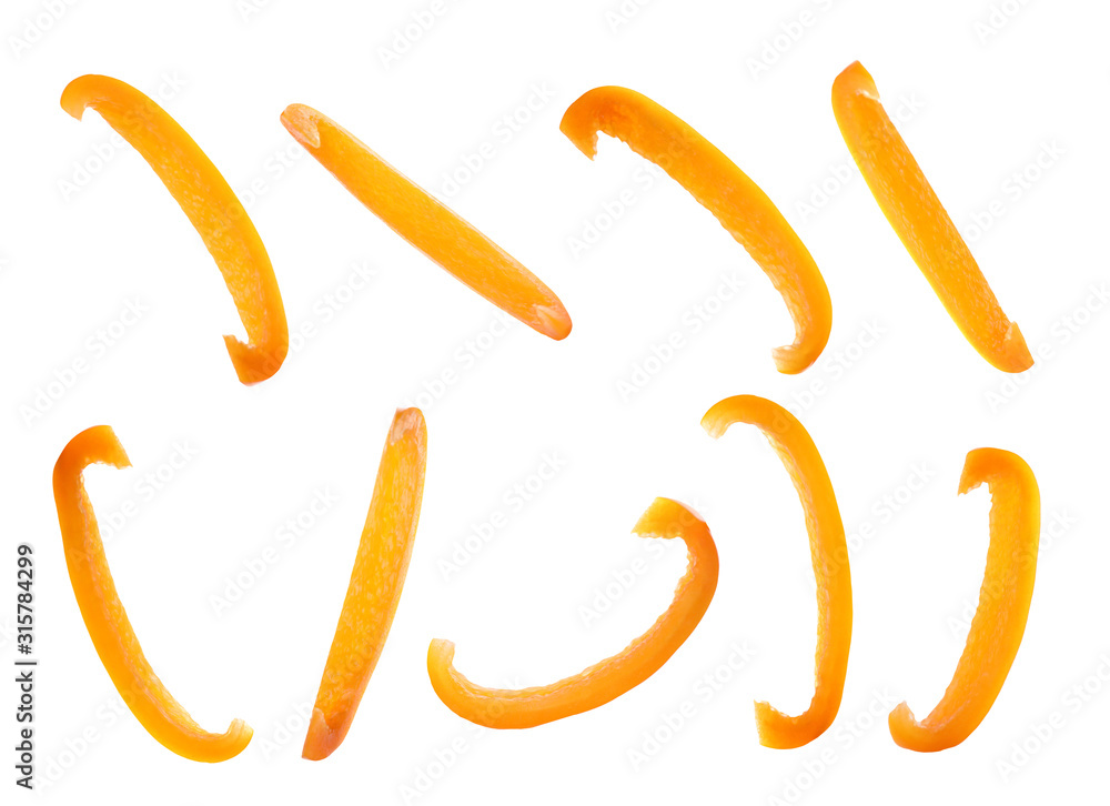 Set of cut ripe orange bell pepper on white background Set of cut ripe orange bell pepper on white background