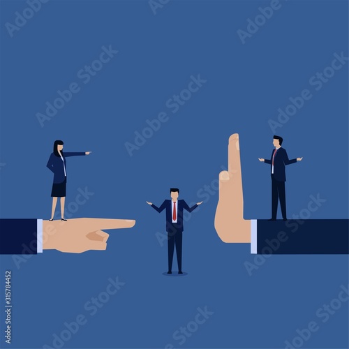 Business flat vector concept man standing between two people metaphor of confrontation and negotiation.