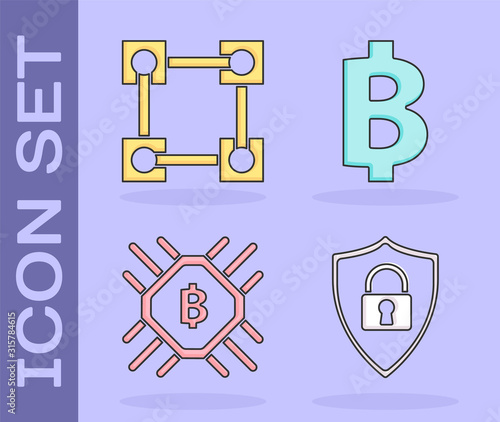 Set Shield security with lock, Blockchain technology, CPU mining farm and Cryptocurrency coin Bitcoin icon. Vector