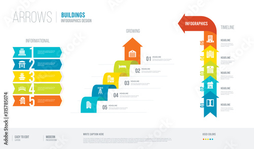 arrows style infogaphics design from buildings concept. infographic vector illustration