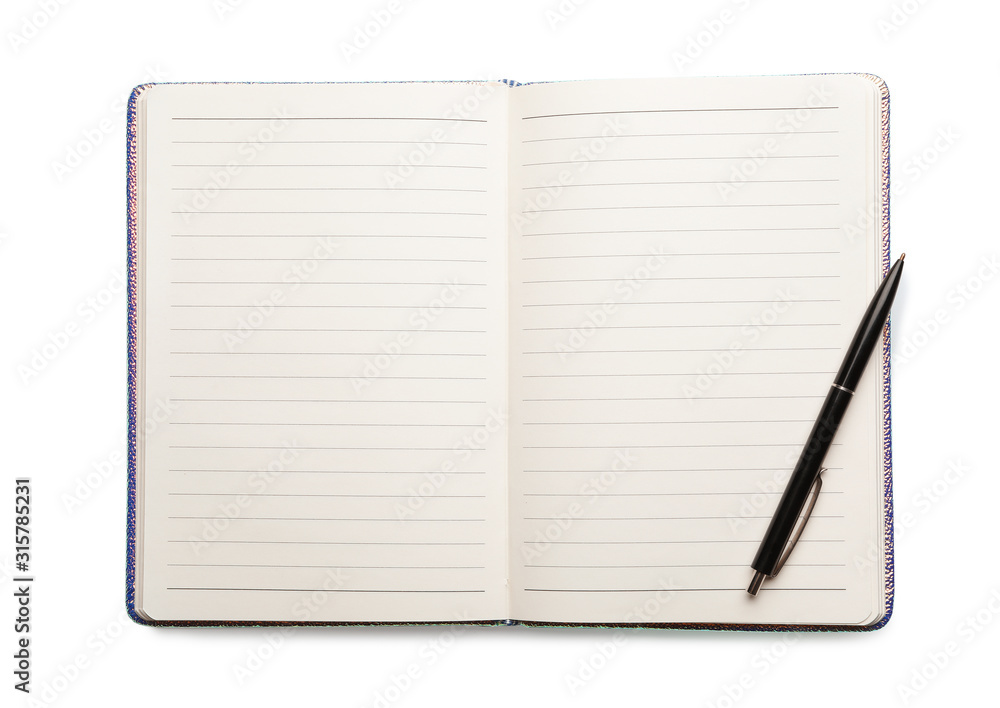 Open empty notebook and pen isolated on white, top view Open empty notebook and pen isolated on white, top view