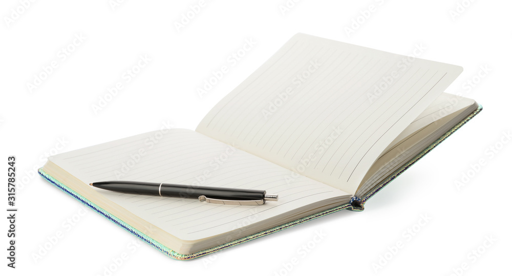 Stylish open notebook and pen isolated on white Stylish open notebook and pen isolated on white