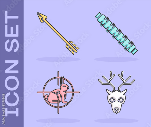 Set Deer head with antlers, Hipster arrow, Hunt on rabbit with crosshairs and Hunting cartridge belt with cartridges icon. Vector