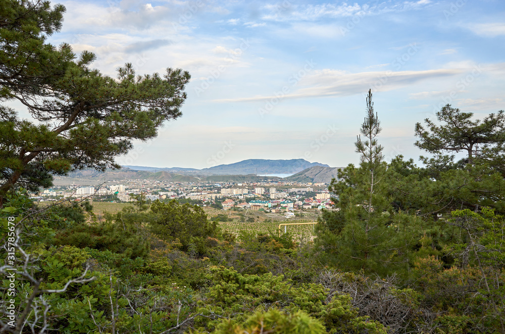 View of the city of Sudak and the Black Sea coast from a height. Mountain coniferous forest, Republic of Crimea