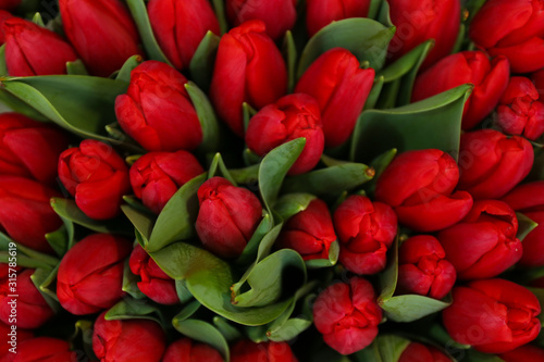 Beautiful bouquet of tulip flowers  top view