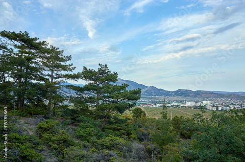 Obraz na płótnie View of the city of Sudak and the Black Sea coast from a height. Mountain coniferous forest, Republic of Crimea w salonie