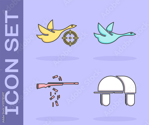 Set Hunter hat, Hunt on duck with crosshairs, Gun shooting and Flying duck icon. Vector