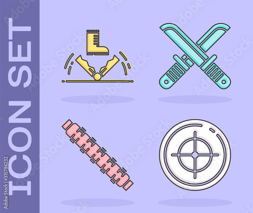 Set Target sport for shooting competition, Trap hunting, Hunting cartridge belt with cartridges and Crossed hunter knife icon. Vector