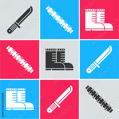 Set Hunter knife, Hunting cartridge belt with cartridges and Hunter boots icon. Vector
