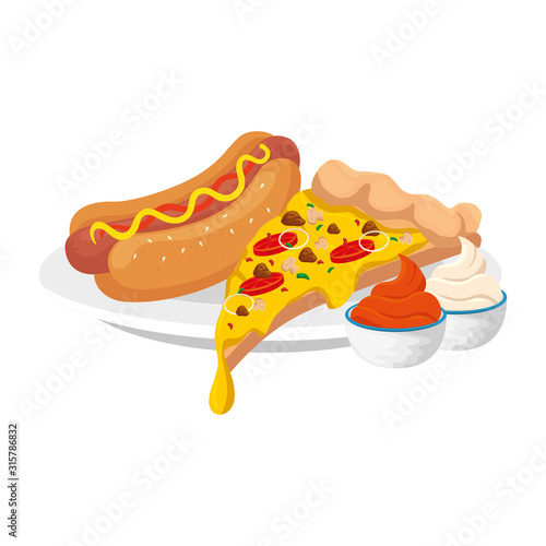 delicious italian pizza with hot dog and sauces fast food icon