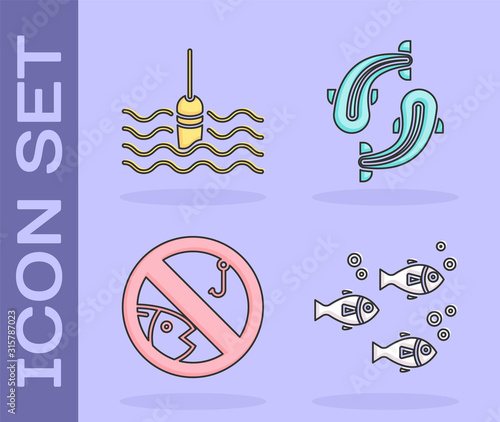 Set Fish, Fishing float in water, No fishing and Fish icon. Vector