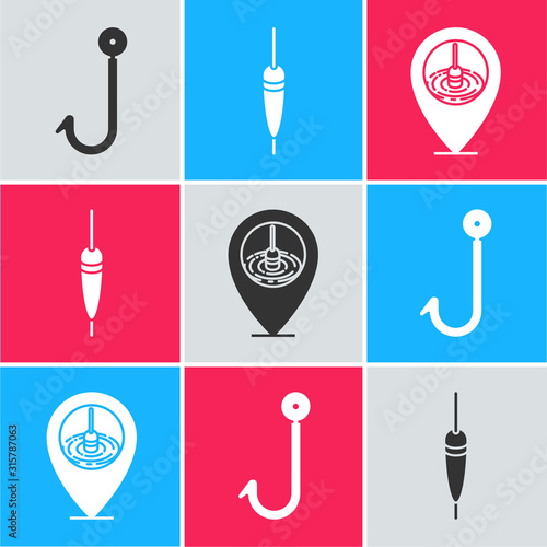 Set Fishing hook, Fishing float and Location fishing icon. Vector