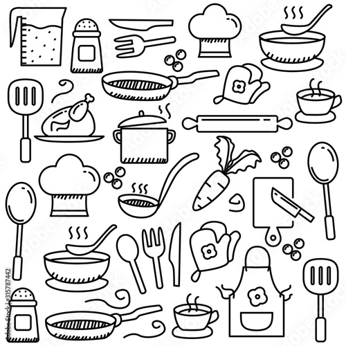 Set of cute cooking related doodle element such as spatula, coffee, fork and more suitable for background too 