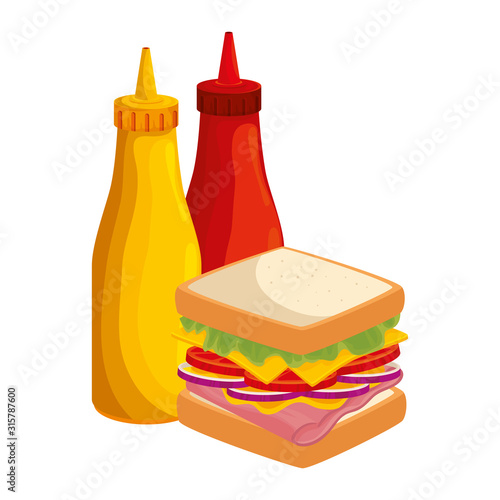 delicious sandwich with bottles sauces food isolated icon