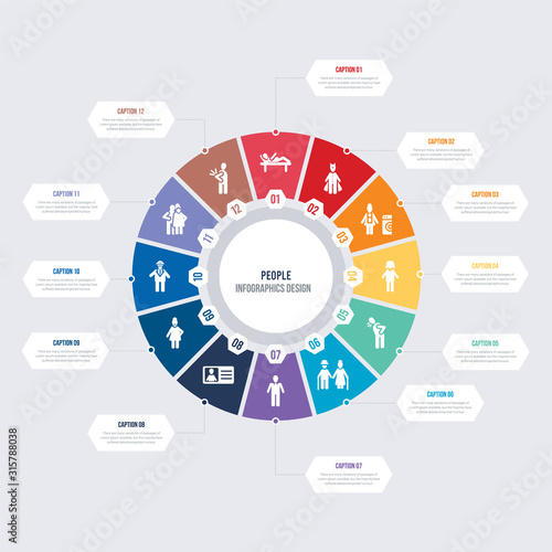 round 12 options people infographic template design. spindle, snuggle, aviation, bearded woman, identification card with picture, male user vector icons