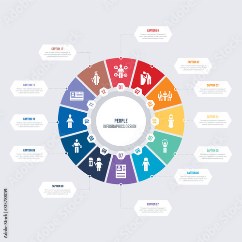 round 12 options people infographic template design. students graduation hat, identification ard, small boy, pencil and notebook, journalist woman talking about culture, female journalist on tablet