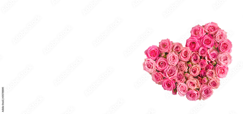 Valentine's day romantic greeting card. Composition with a heart of pink roses on a white background.Mothers day. 8 Marth. Banner for advertising store, website, posters, advertising, coupons. Valentine's day romantic greeting card. Composition with a heart of pink roses on a white background.Mothers day. 8 Marth. Banner for advertising store, website, posters, advertising, coupons.