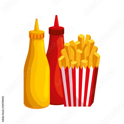 delicious french fries with bottles sauces fast food icon