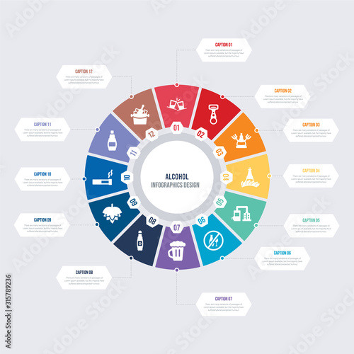 round 12 options alcohol infographic template design. wine bucket, whisky, cigarrete, hop, beer bottle, october vector icons