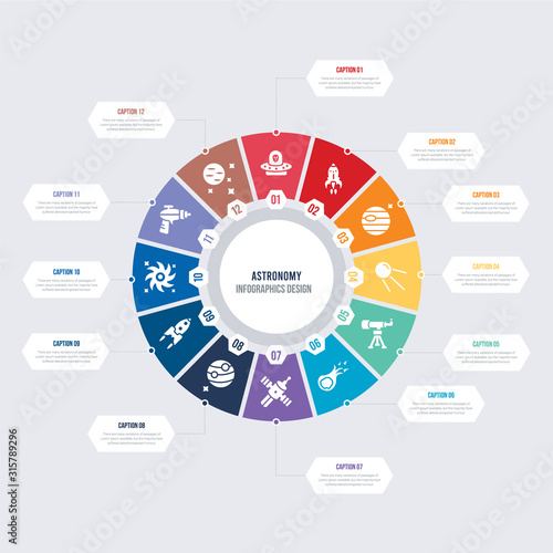 round 12 options astronomy infographic template design. neptune with satellite, gun blaster, black hole, launching shuttle, jupiter with satellite, space module vector icons