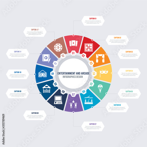 round 12 options entertainment and arcade infographic template design. token, video editing, virtual reality glasses, zoo, arcade machine, dance vector icons