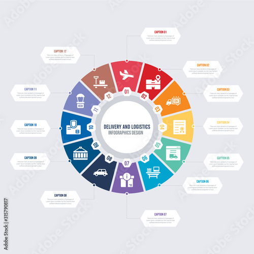 round 12 options delivery and logistics infographic template design. delivery weighing, delivery hot air balloon, logistic protection, containers, by car, info vector icons