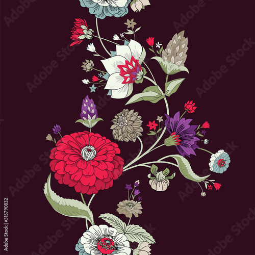 Seamless border. Floral original pattern in vintage style.