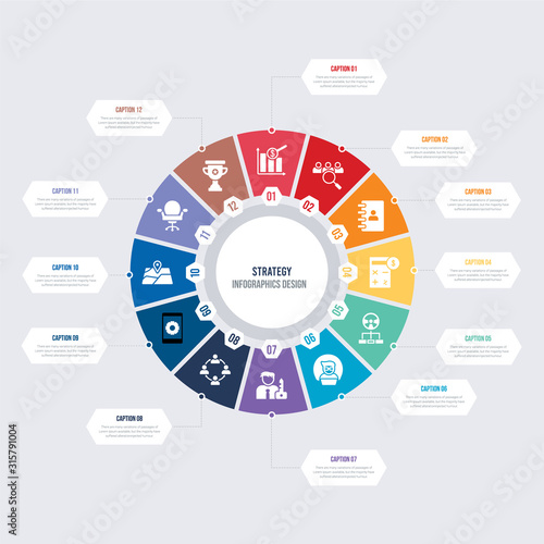 round 12 options strategy infographic template design. trophy, desk chair, placeholder, smartphone, collaboration, admin vector icons