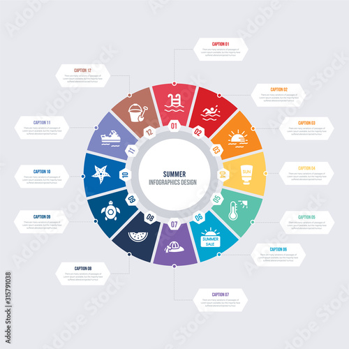 round 12 options summer infographic template design. sand bucket and shovel, sea scooter, sea star, sea turtle, slice of melon, summer hat vector icons