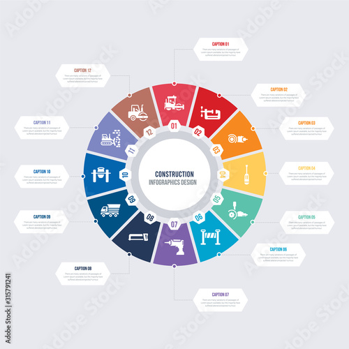 round 12 options construction infographic template design. steamroller, demolition, concrete, tipper, hacksaw, nail gun vector icons