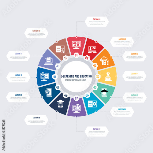 round 12 options e-learning and education infographic template design. grades, homework, instructor, interactive course, international, lecture vector icons