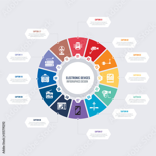 round 12 options electronic devices infographic template design. electric fan, electric blanket, crock-pot, copier, convection oven, cell phone vector icons