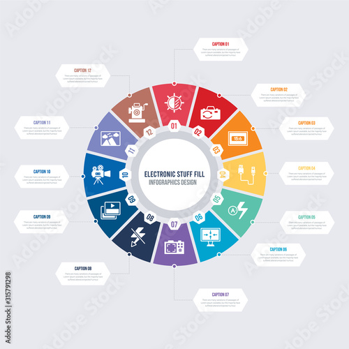 round 12 options electronic stuff fill infographic template design. old camera, scenic, old video camera, video file list, flash off, camera screen vector icons