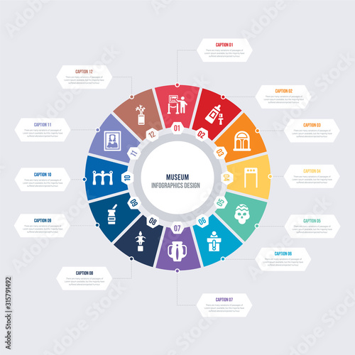 round 12 options museum infographic template design. botanical, gioconda, museum fencing, poetry, ballet, ceramic vector icons