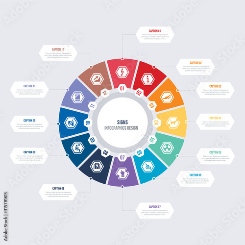 round 12 options signs infographic template design. slope, smarthphone, silence, waiting room, lost items, no touch vector icons
