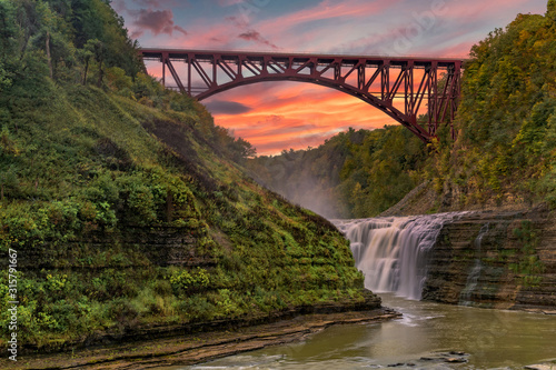 Photography Sunset Over The Upper Falls And Arch Bridge At Letchworth State Park