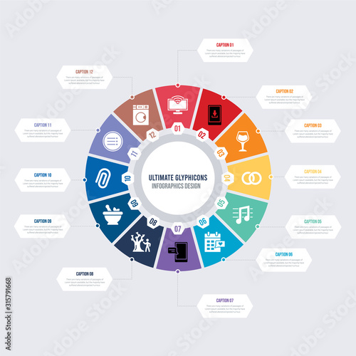round 12 options ultimate glyphicons infographic template design. washing machine with dots, circle menu, attach rotated, medicine mortar, man and tree, message balloon vector icons