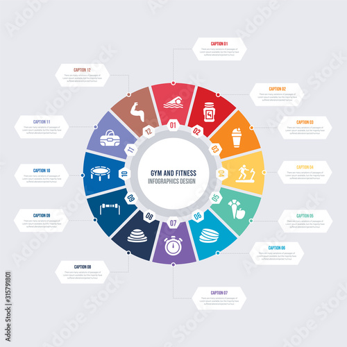 round 12 options gym and fitness infographic template design. muscles, gym bag, trampoline, resistance, bosu ball, big stopwatch vector icons